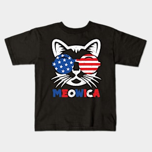 American Flag Meowica Cat 4th of July Kids T-Shirt